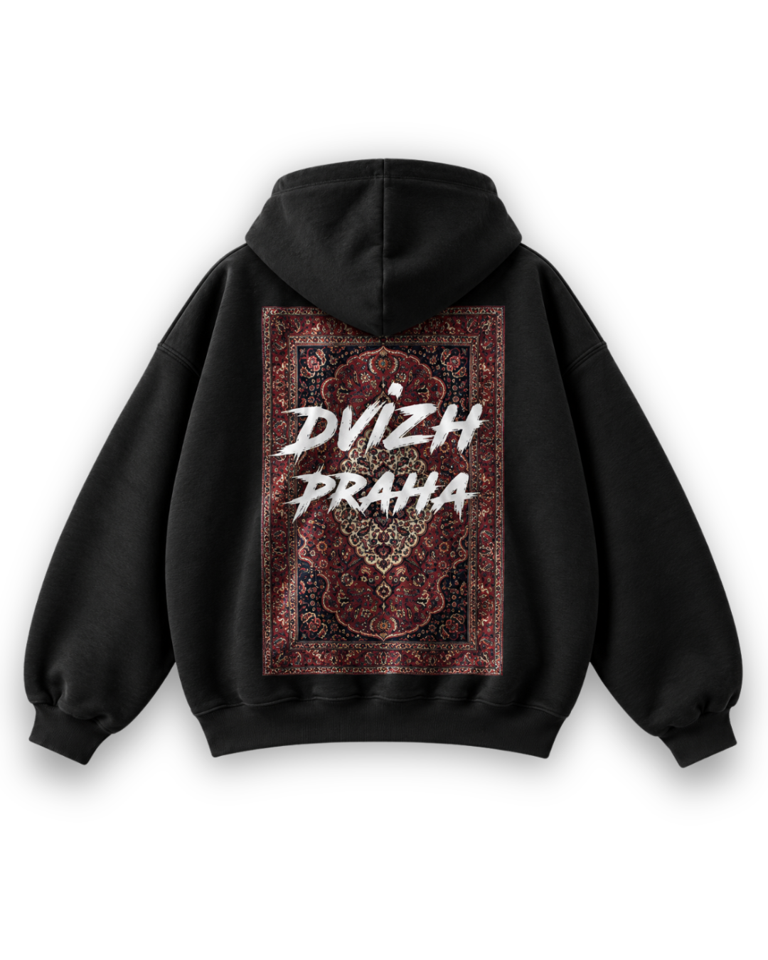 Чёрное худи «Уют. Легенда» DVIZH PRAHA сзади, объёмный капюшон и красный ковровый принт с белым логотипом.